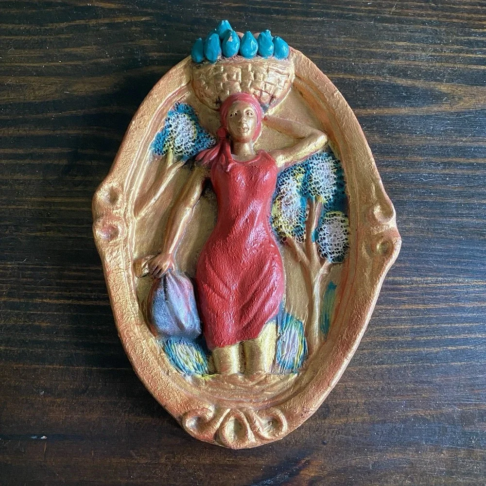 Hand Carved African Woman Mother Carrying Fruit Basket Wall Hanging Art 15